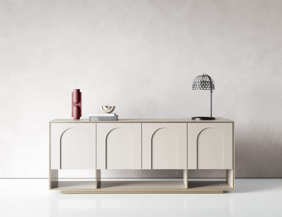 Lacquered wood sideboard with four doors and open base shelf