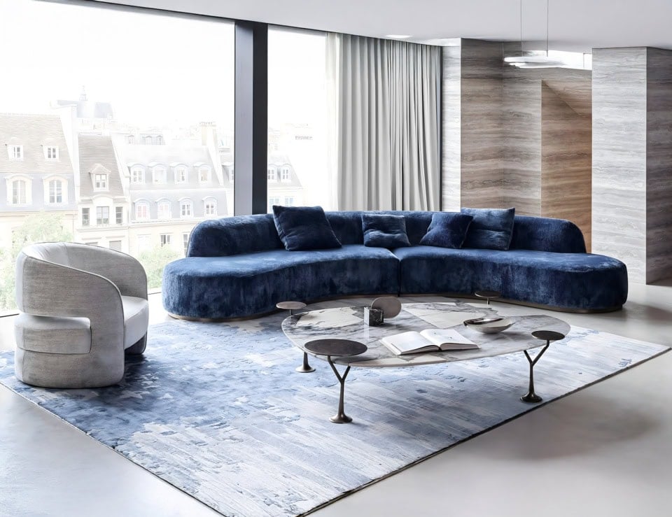 Leather sectional sofa with curved design in a living room setting