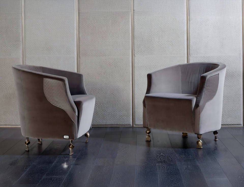 Fabric swivel armchairs with metal legs shown in a living room setting
