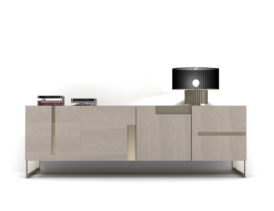 Custom made wooden bar cabinet with geometric doors and metal base