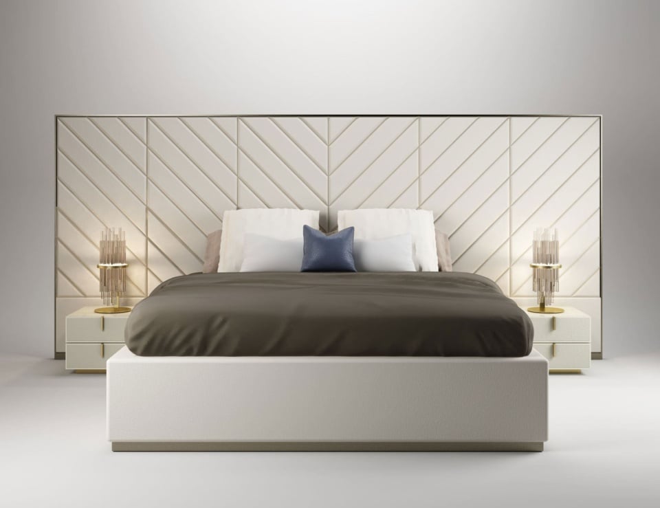 Leather storage bed with padded headboard and side tables in a bedroom setting