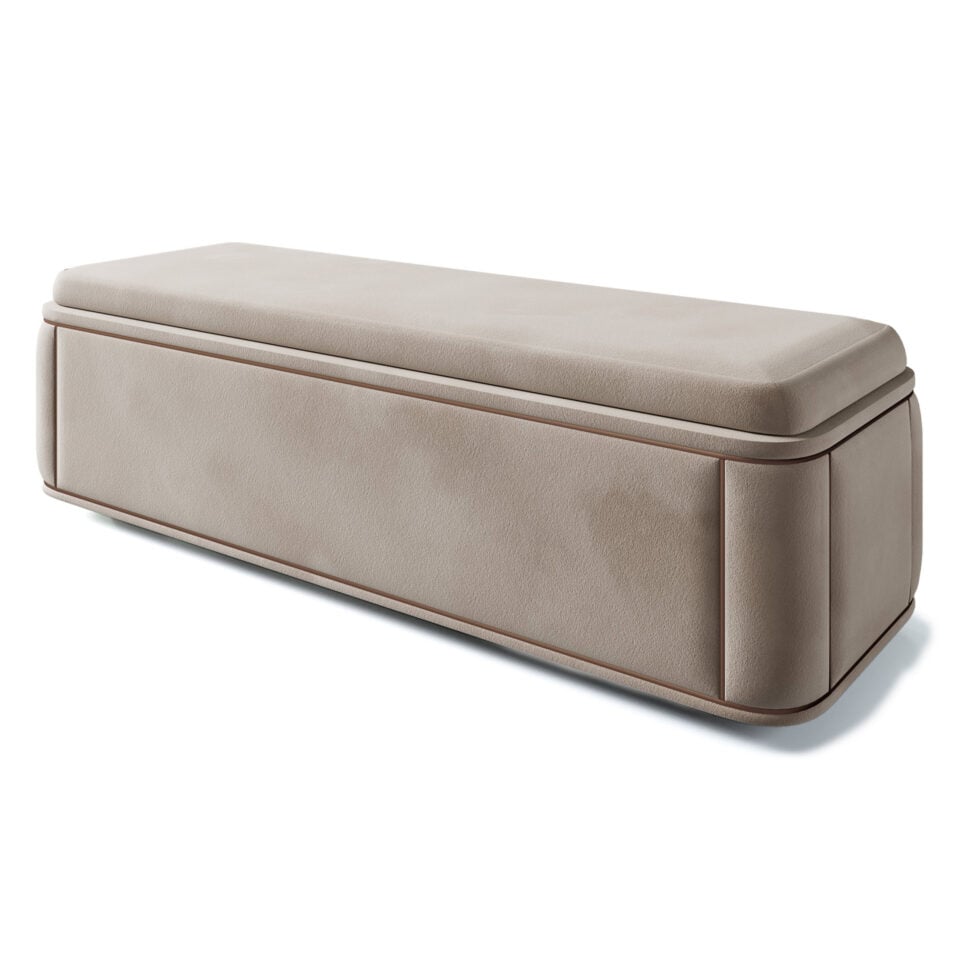 Rectangular fabric bench with padded seat and smooth finish
