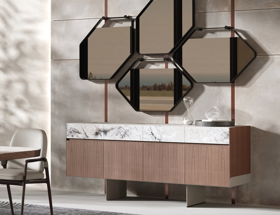 Wood credenza with American walnut finish and marble top in living room setting