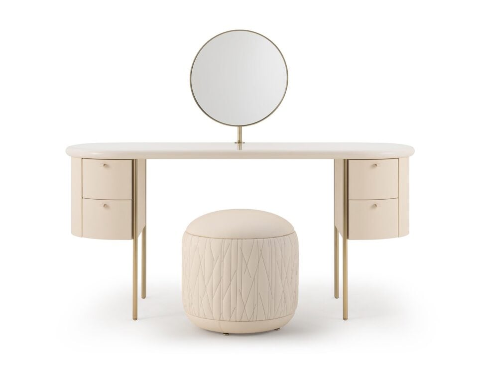 Wood vanity table with round mirror and matching stool