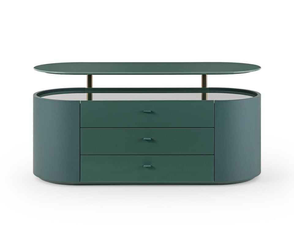 Green wood chest of drawers with three drawers and glass top shelf