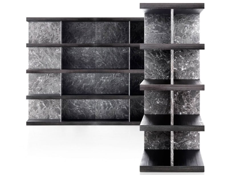 Gray marble and dark wood shelving units