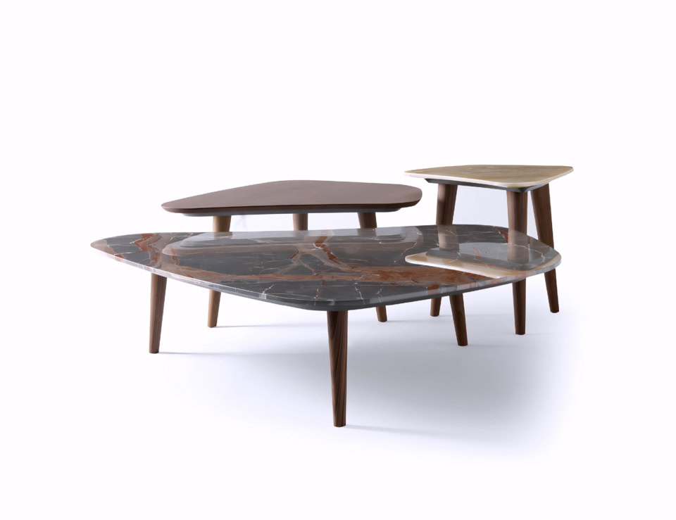 Set of marble coffee and side tables with Ombra Di Caravaggio finish and wooden legs