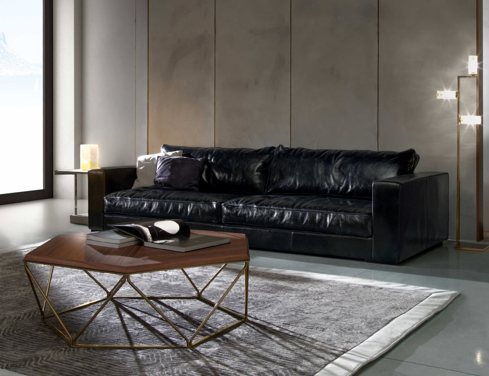 Wood coffee table with American walnut finish and metal base in living room setting