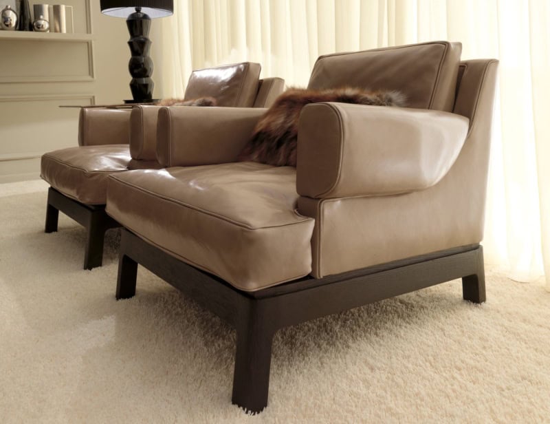Taylor Beige modern Italian lounge chair with brown leather
