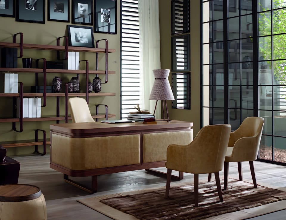 Walnut wood office desk with upholstered panels and matching chairs in workspace setting