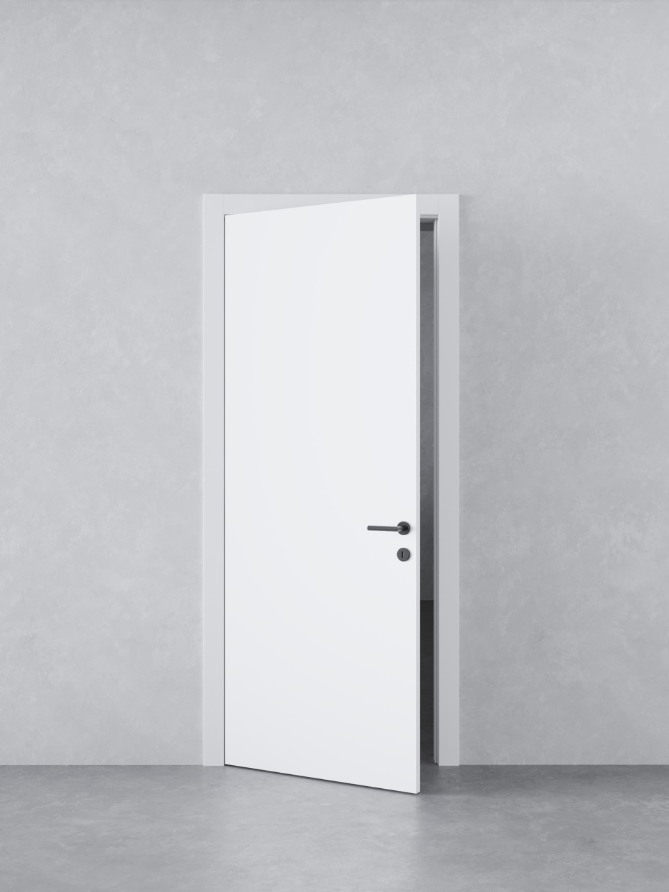 Wood architectural door with white finish and dark handle