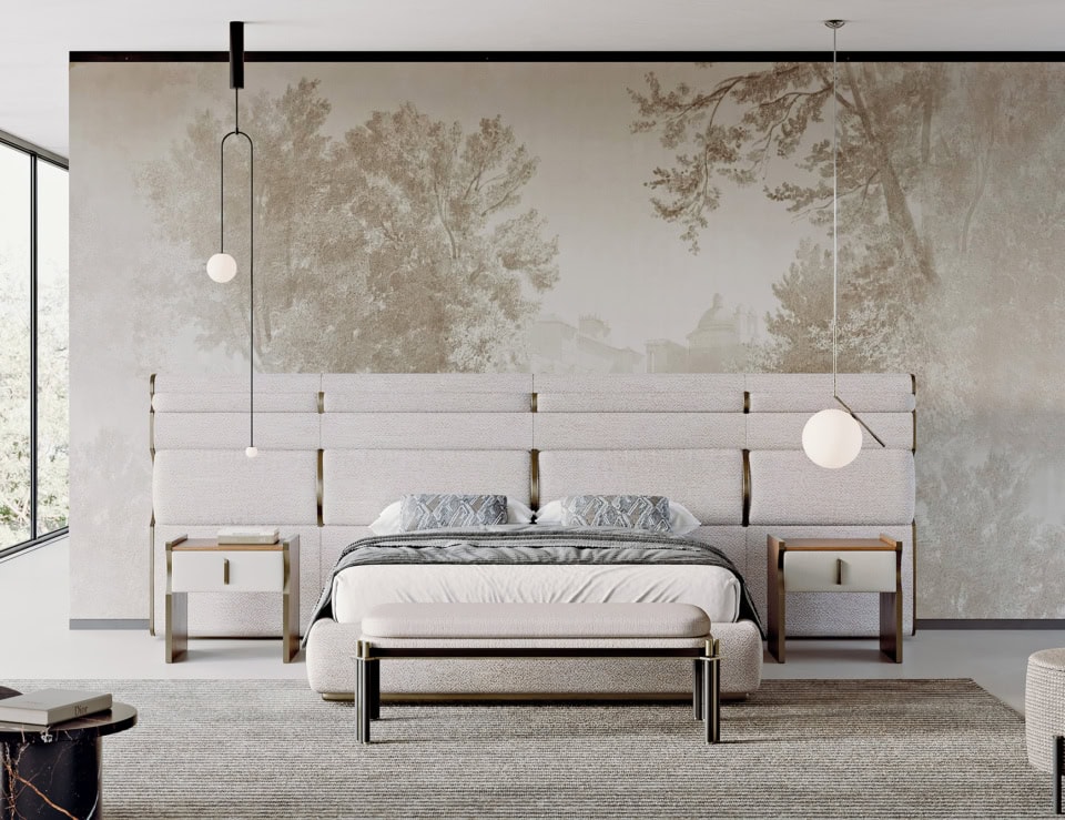 Fabric upholstered bed with tall headboard and metal legs in bedroom setting