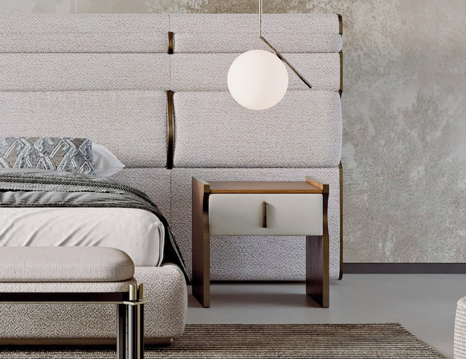 Wood bedside table with Canaletto finish next to upholstered bed