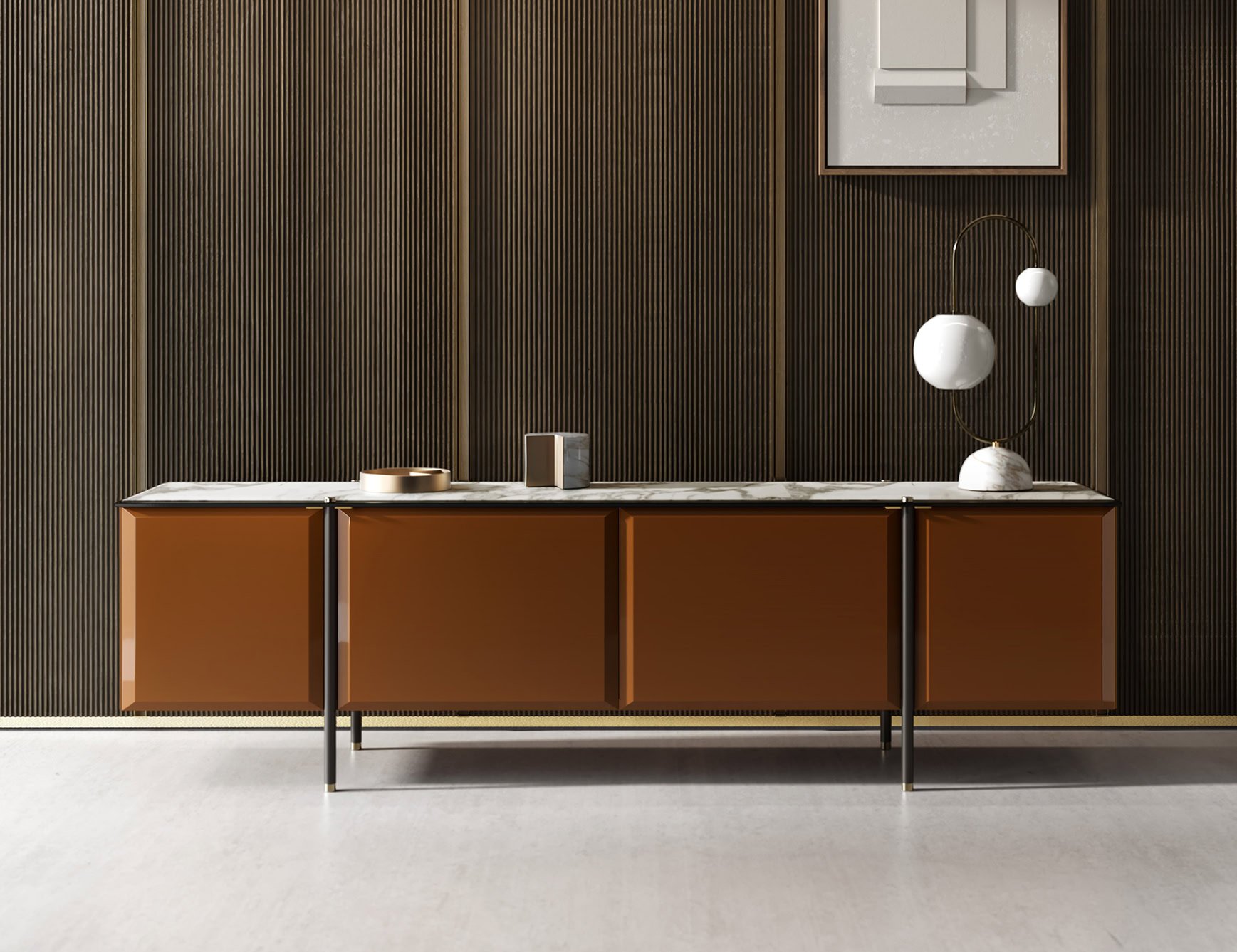 Tudor - Wood veneered credenza with marble top in living room setting