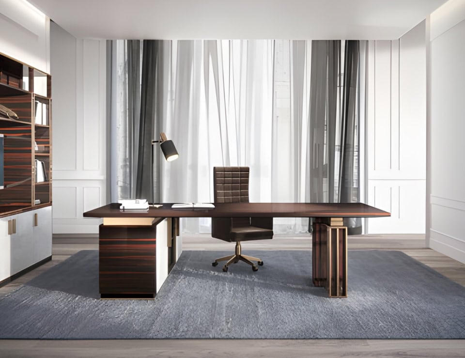 Wood office desk with ebony finish in workspace setting