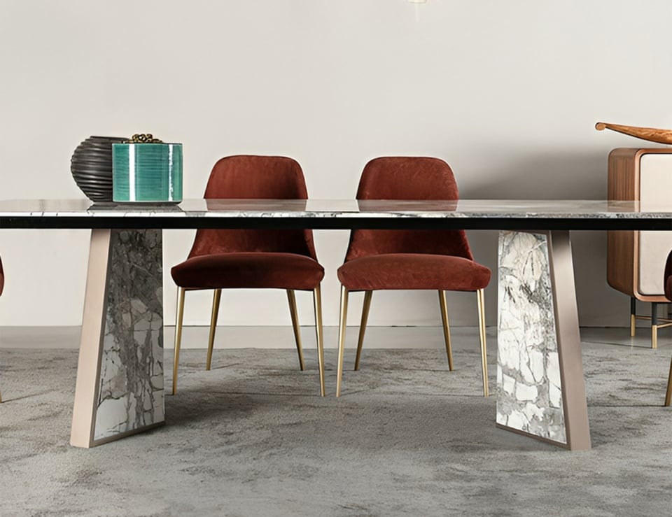 Felix fabric dining chairs with metal legs beside marble dining table