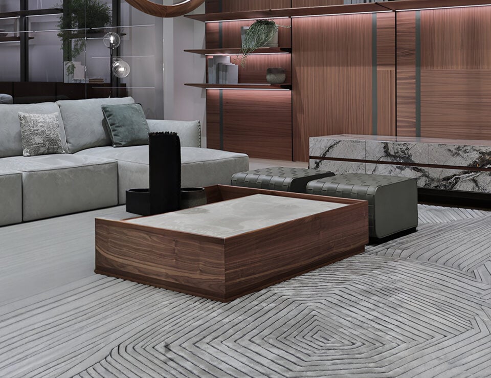 Wood coffee table with American walnut finish in a living room setting