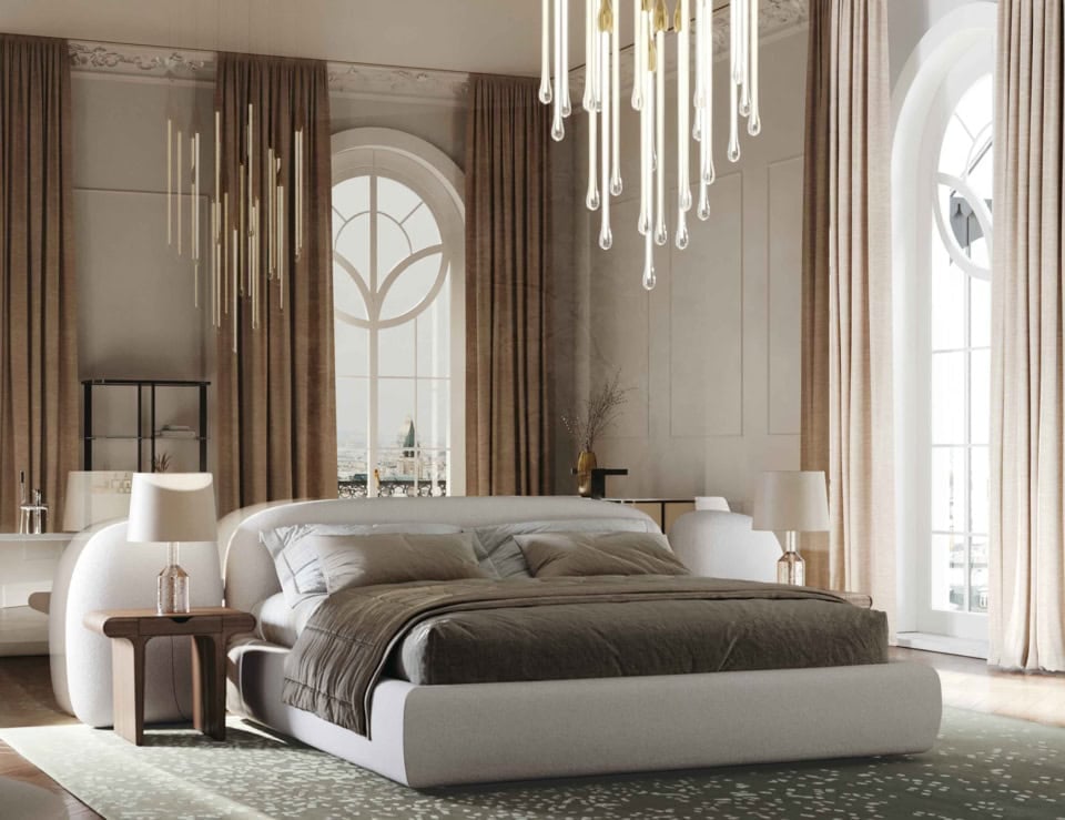 Fabric upholstered storage bed in a bedroom setting