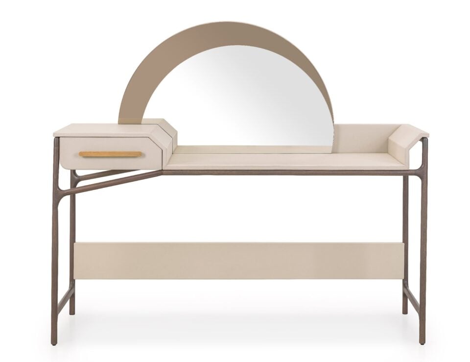 Wood vanity table with half-round mirror and single drawer