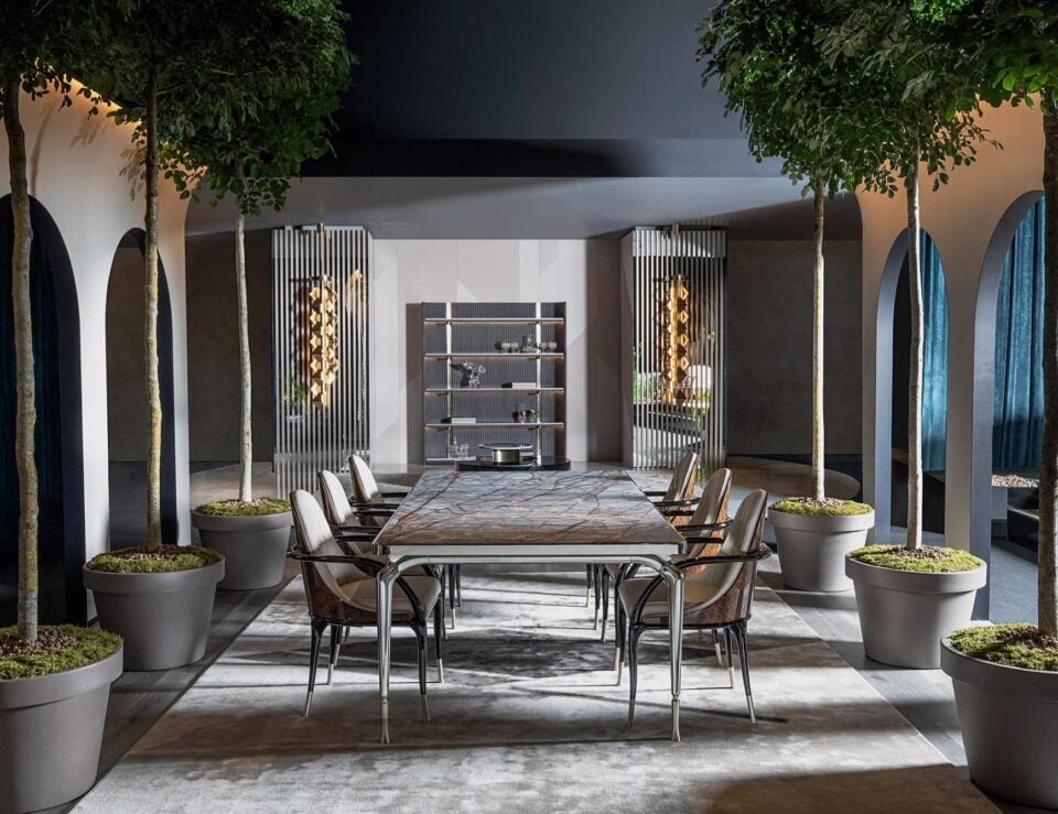 Thule Dining Room modern luxury table with chrome Anlaid Agate Natural marble