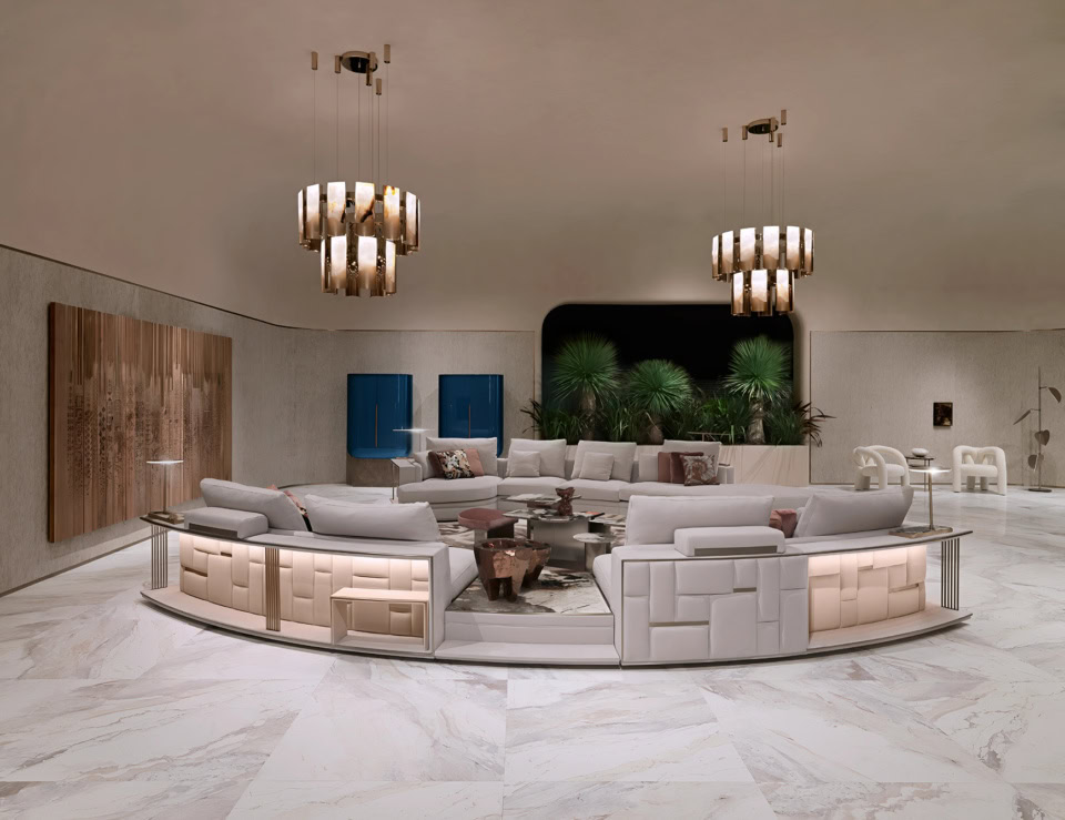 Circular leather sectional sofa with geometric panel design in a living room setting