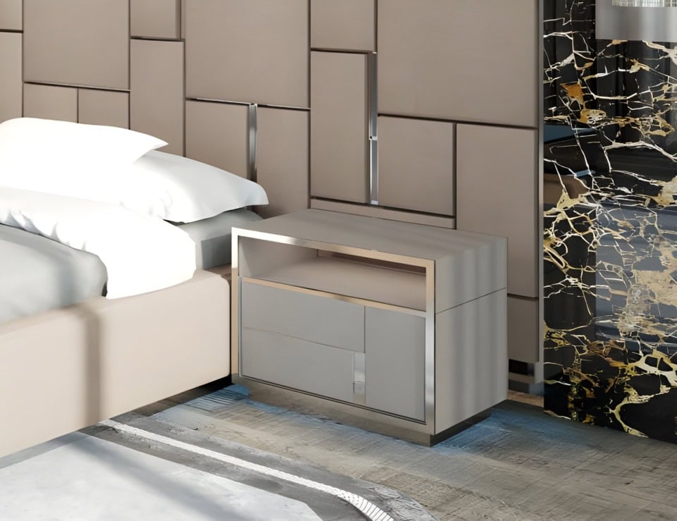 Leather bedside table with drawers and open shelf beside bed