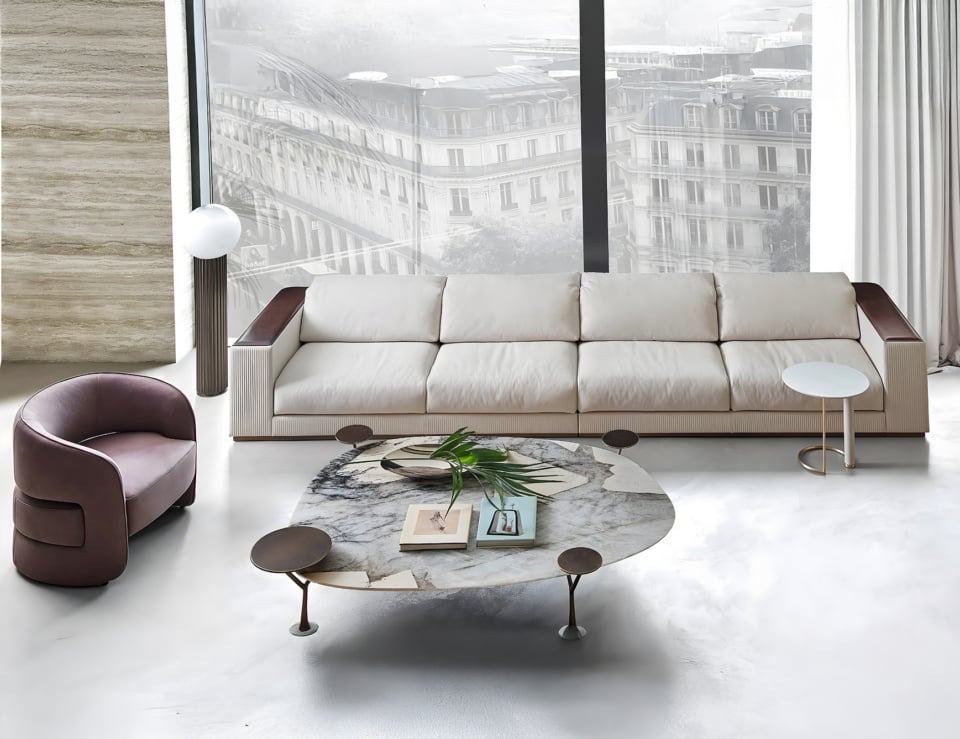Leather sofa and armchair set with marble coffee table in living room