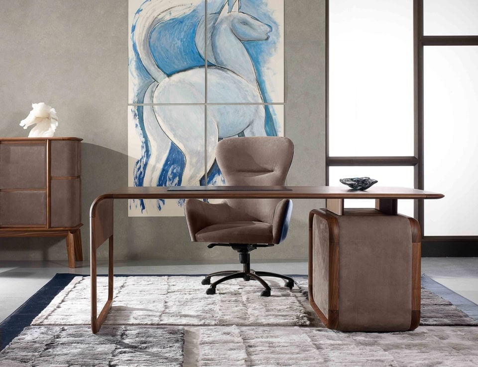 Walnut wood office desk with curved frame and panel base